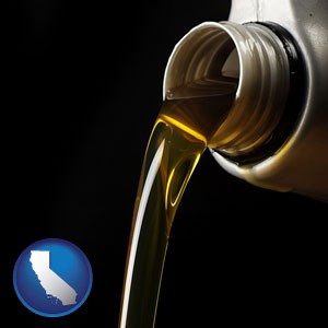 pouring motor oil, on a black background - with California icon