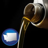washington pouring motor oil, on a black background
